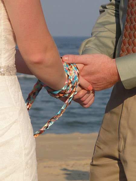 Husband and wife holding hands at the wedding.